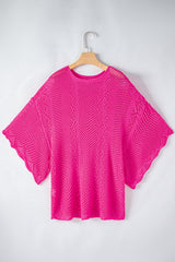 Rose Red Pointelle Knit Scallop Edge Short Sleeve Knit Top