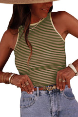 Green Stripe Print Cutout Ribbed Knit Tank Top