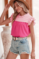Rose Red Two Tone Pleated Ruffle Trim Blouse