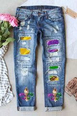 Sky Blue Shiny Mardi Gras Fleur-de-lis Patch Distressed Jeans