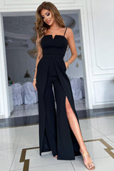 Black Spaghetti Straps Casual Slit Wide Leg Jumpsuit With Pockets