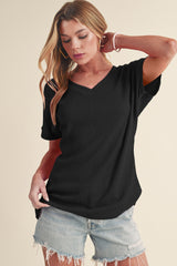 Black Solid Color Crinkled V Neck T Shirt