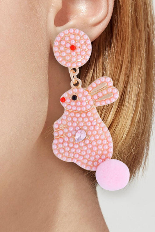 Pink Beaded Rhinestone Easter Rabbit Earrings
