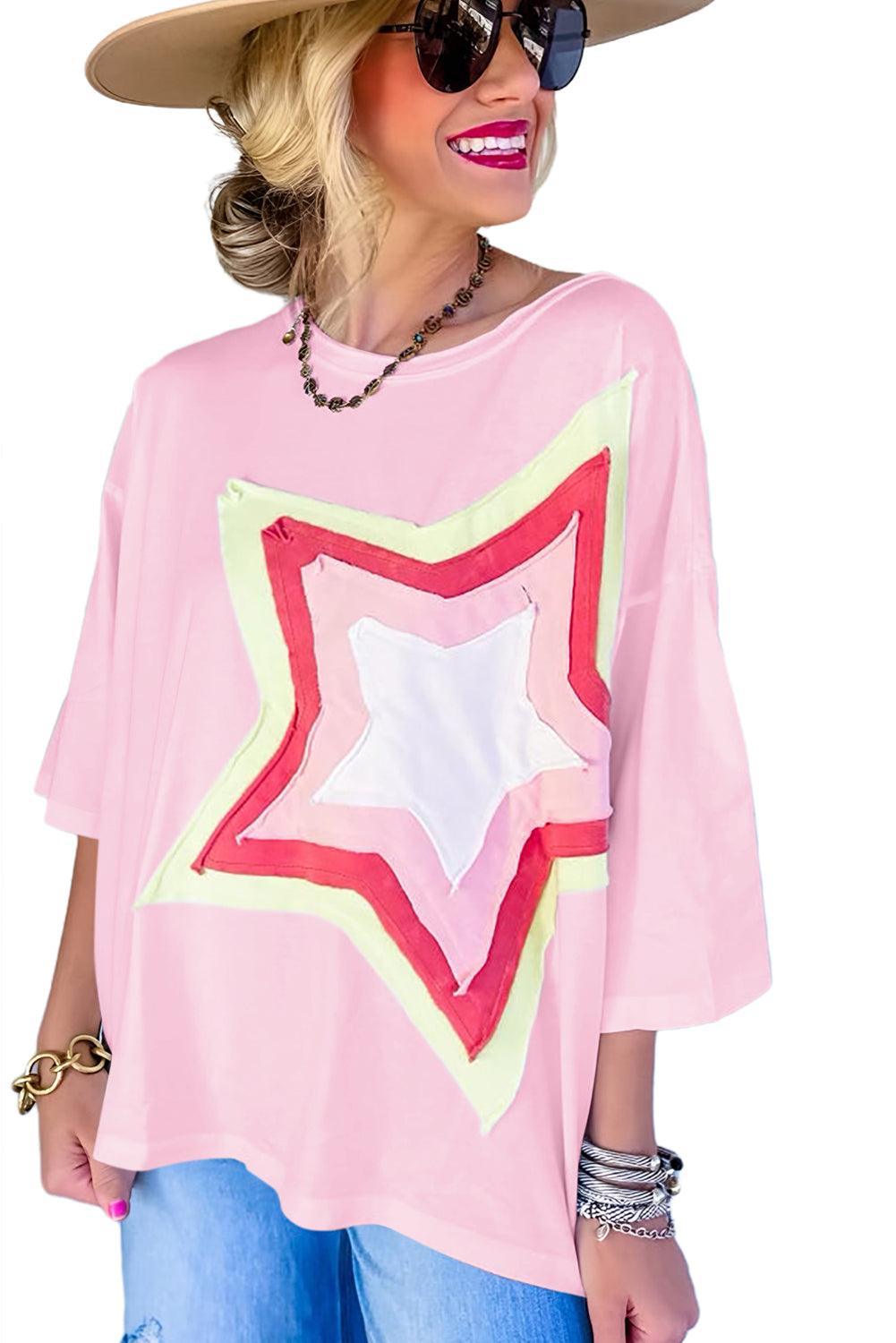Light Pink Colorblock Star Patched Half Sleeve Oversized Tee - Ninonine