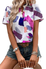 White Abstract Print Notched Neckline Puff Sleeve Blouse - Ninonine