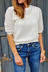 White Broderie Anglaise Puff Sleeve Waffle Knit Tee