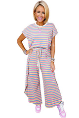 Pink Stripe Rainbow Tee and Tassel Drawstring Wide Leg Pants Set