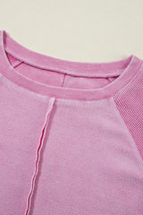 Pink Waffle Patchwork Raglan Sleeve Exposed Seam Sweatshirt