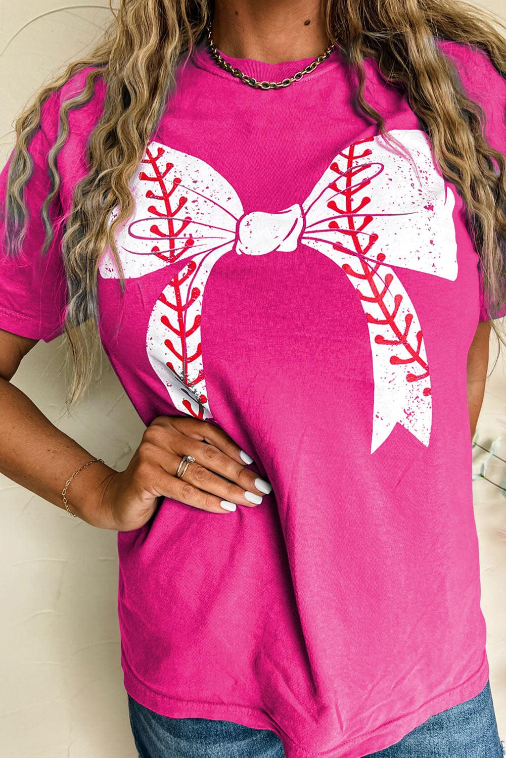Rose Red Casual Baseball Bowknot Graphic Tee