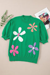 Bright Green Floral Bubble Short Sleeve Knitted Top - Ninonine