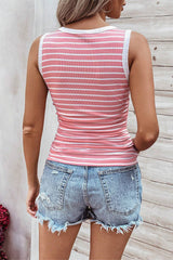 Pink Stripe Contrast Trim Sleeveless Ribbed Slim Top