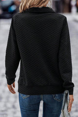Black Solid Color Half Zipper Quilted Pullover Sweatshirt