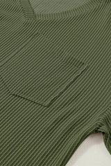 Jungle Green Ribbed V Neck Pocket Drop Sleeve T-Shirt - Ninonine
