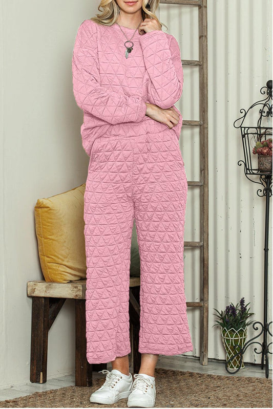 Pink Solid Color Quilted Long Sleeve Top and Pockets Pants Set