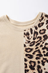 Pale Khaki Leopard Colorblock Waffle Knit Top
