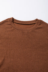 Chestnut Ribbed Knit Drop Shoulder Ruffled Sleeve Textured Top