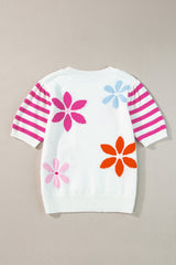 White Colorful Floral Print Striped Sleeve Knitted Tee