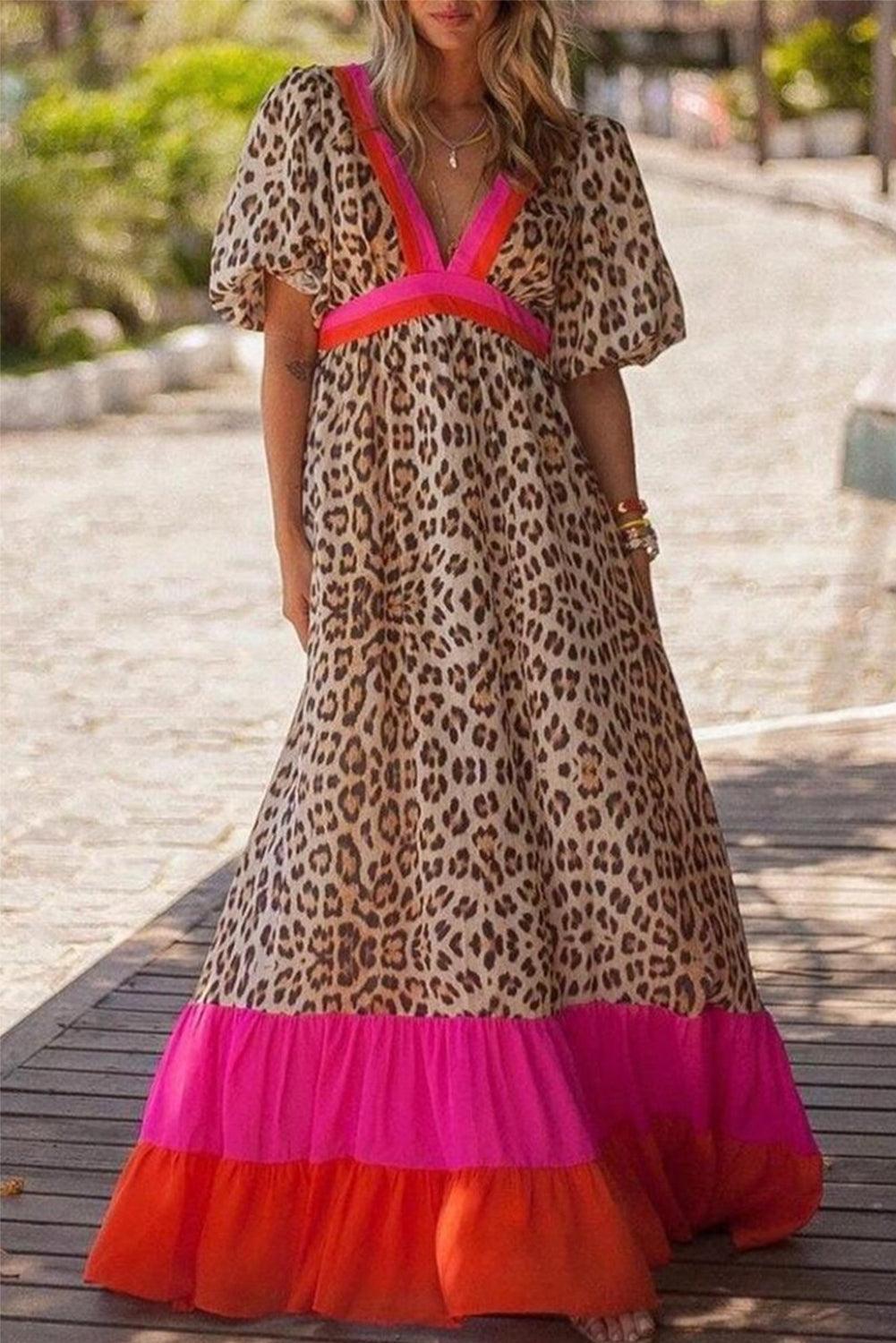 Bright Pink V-neck Leopard Print Colorblock Maxi Dress - Ninonine