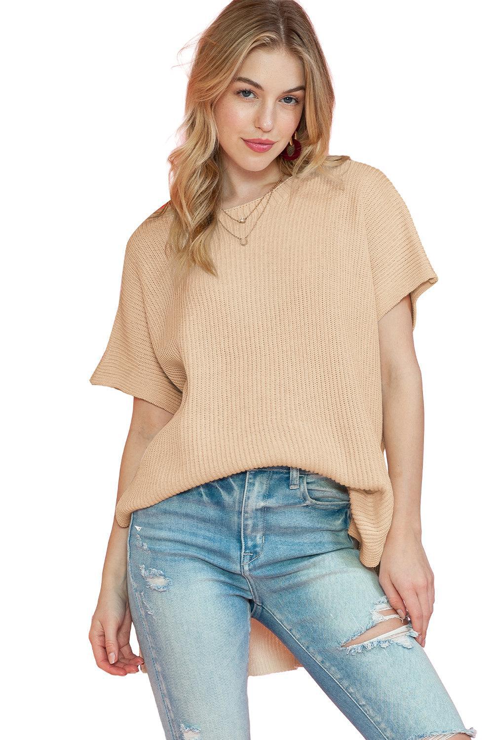 Apricot Side Slit Short Sleeve Oversized Sweater - Ninonine