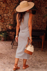 White Stripe Sleeveless Button Front Midi Dress