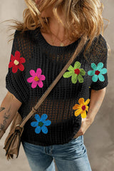 Black Hollowed Crochet Colorful Flower Loose Knit T Shirt