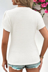 White Petal Sleeve Waffle Knit V Neck T-Shirt - Ninonine