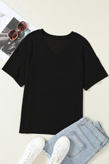 Black Ribbed V Neck Pocket Drop Sleeve T-Shirt