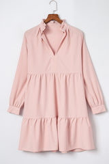 Pink Casual Stand V Neck Short Frill Dress