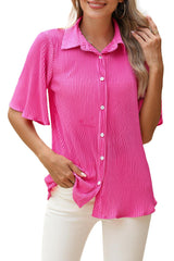 Bright Pink Button Up Pleated Blouse