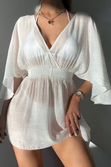 White Semi-sheer Wrapped Flowy Sleeve Beach Dress
