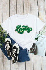 White St Patrick Lucky Chenille Glitter Patched Graphic T Shirt - Ninonine