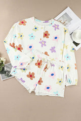 White 60s Floral Print Henley Top & Drawstring Shorts Loungewear Set