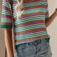 Dark Green Striped Pattern Hollow Out Contrast Trim Knit T Shirt