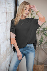Carbon Grey Pit-striped Colorblock Drop Sleeve Top