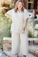 Beige Plus Size Textured Collared Top and Drawstring Pants Set