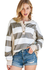 Multicolor Stripes Print Exposed Seam Long Sleeve Henley Shirt - Ninonine
