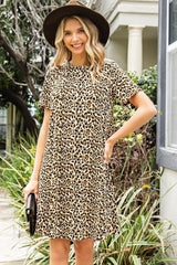 Casual Short Sleeve A-Line Crewneck Leopard Print Dress - Ninonine