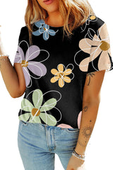 Black Summer Flower Print Round Neck T Shirt