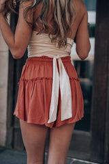 Red Solid Belted Frill Trim Drawstring Shorts
