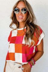 Fiery Red Checkered Color Block Cap Sleeve Knitted Top