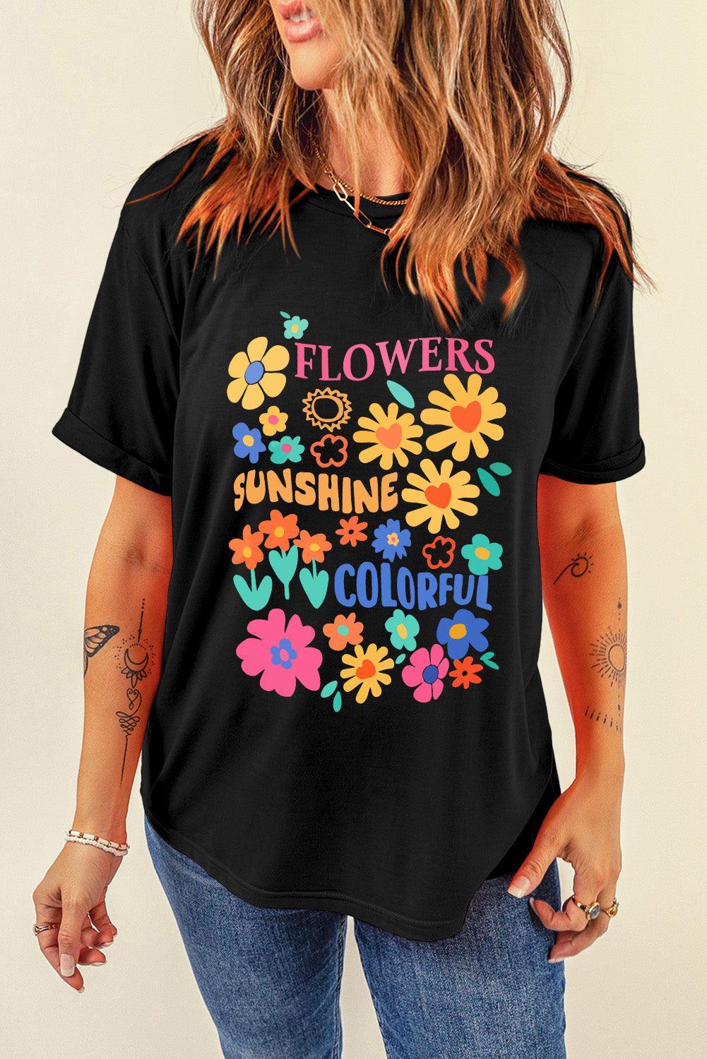 Black FLOWERS SUNSHINE COLORFUL Graphic T Shirt - Ninonine