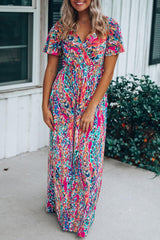 Wholesale Abstract Print Wrap V Neck Flutter Sleeve Mid Length Summer Dress