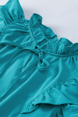 Green Tiered Ruffled Drawstring V Neck Short Dress With Pockets