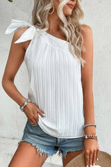 White Solid Color Asymmetrical Knot Textured Sleeveless Shirt