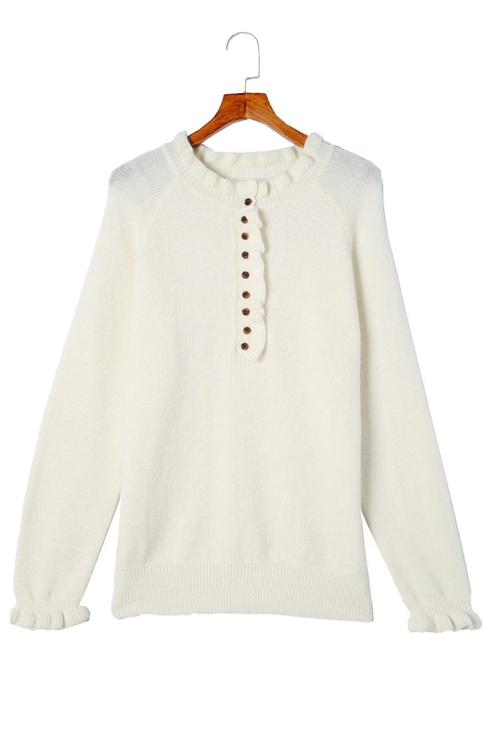 Beige Frill Trim Button Casual Knit Pullover Sweater - Ninonine