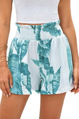 Green Casual Tropical Leaf Smocked Shorts