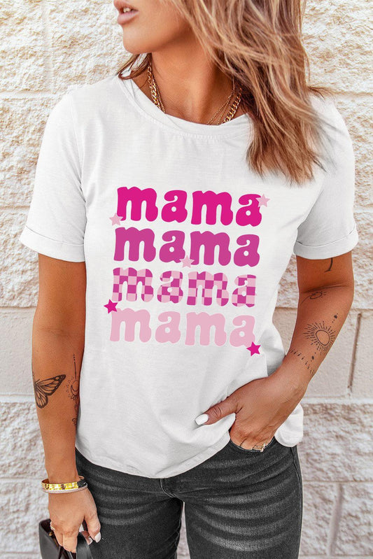 White Casual Round Neck mama Letter Graphic Tee