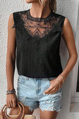 Black Guipure Lace Crochet Keyhole Back Sleeveless Shirt