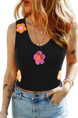 Black 3D 60s Vintage Flower Patch Cropped Knit Sleeveless Top