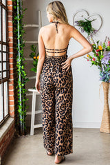 Cheetah Print Sexy Halter Backless Wide Leg Jumpsuit